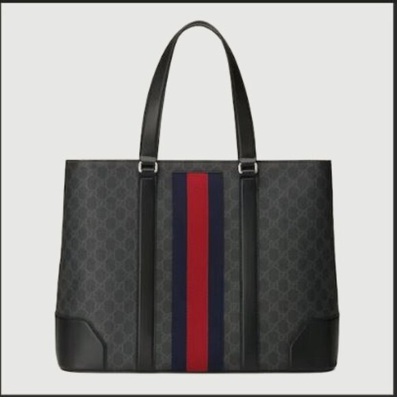 Gucci GG Supreme🔥Canvas Tote😍 Black/Navy/ Red Web Stripe - Picture 1 of 16